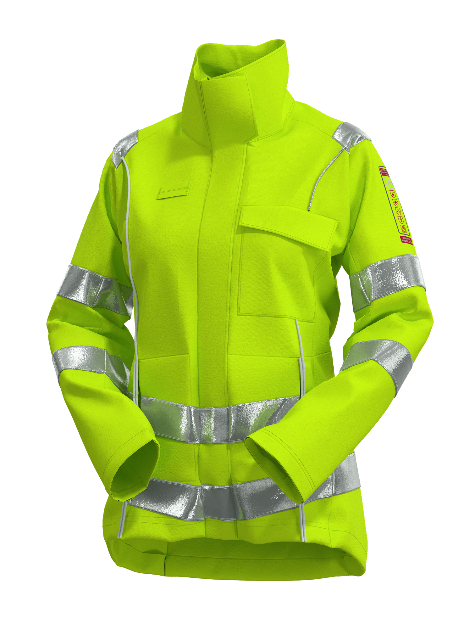 3D render of a women’s high-visibility jacket created in CLO3D for Skanwear, focusing on accurate fit and reflective detailing
