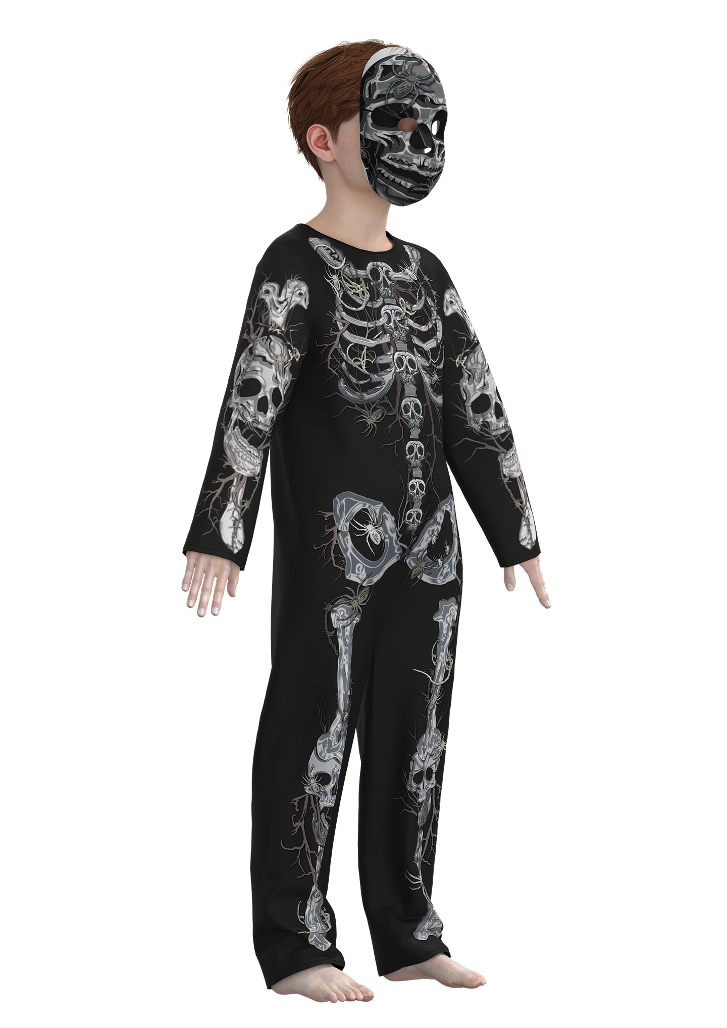 Photorealistic 3D render of a skeleton costume developed for Smiffys, demonstrating virtual costume visualisation in CLO3D
