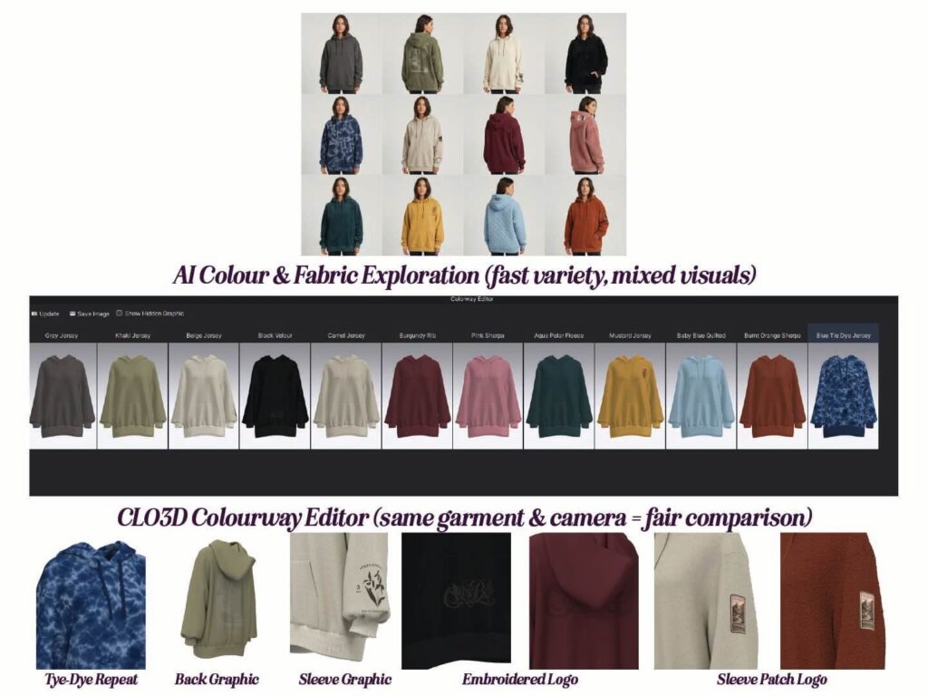 Composite image comparing AI hoodie colourway exploration with CLO3D colourway editor outputs and branding asset options for logo, embroidery, patch, and print placement.