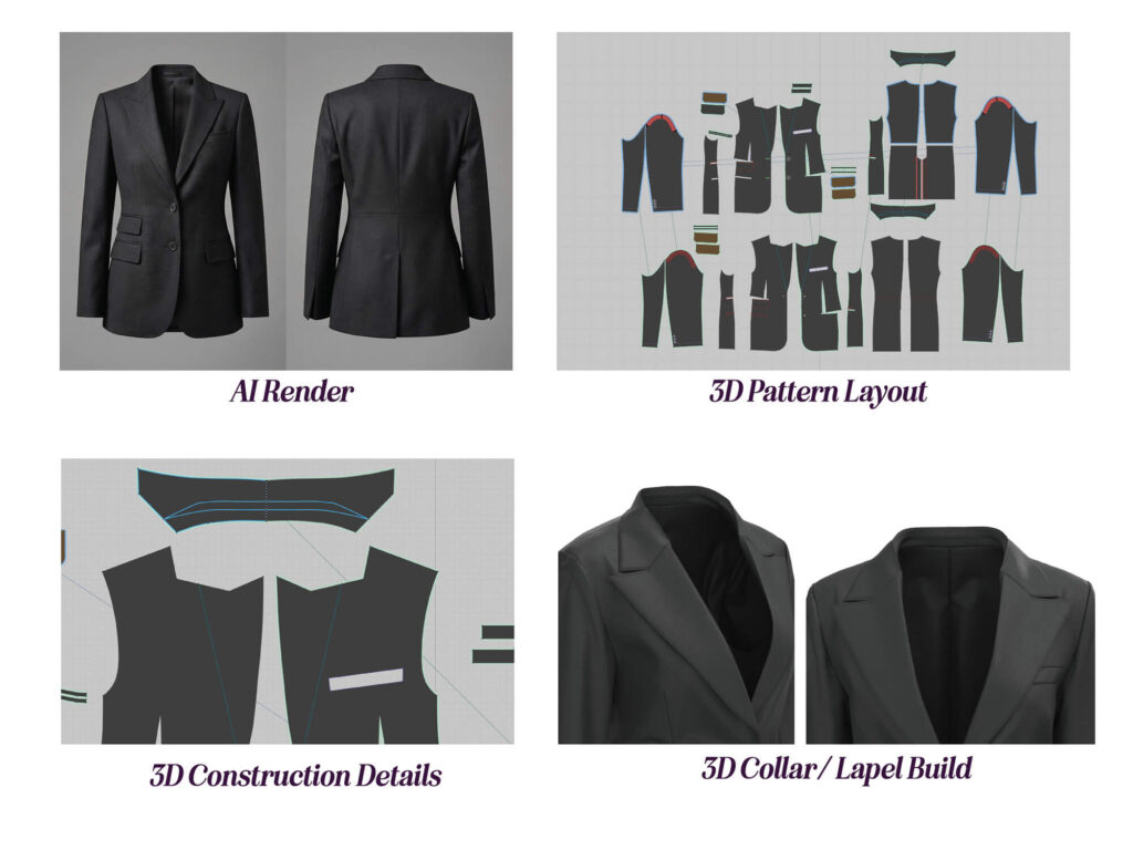 Side-by-side comparison of an AI blazer render with 3D pattern layout and collar/lapel close-ups, showing the difference between visual approval and production evidence.