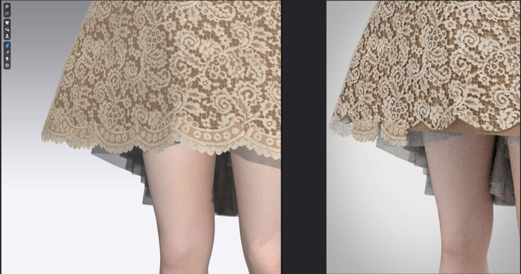 Close-up comparison of the lace hem in CLO3D, showing the scalloped border placement and the challenge of applying it accurately to the digital dress.
