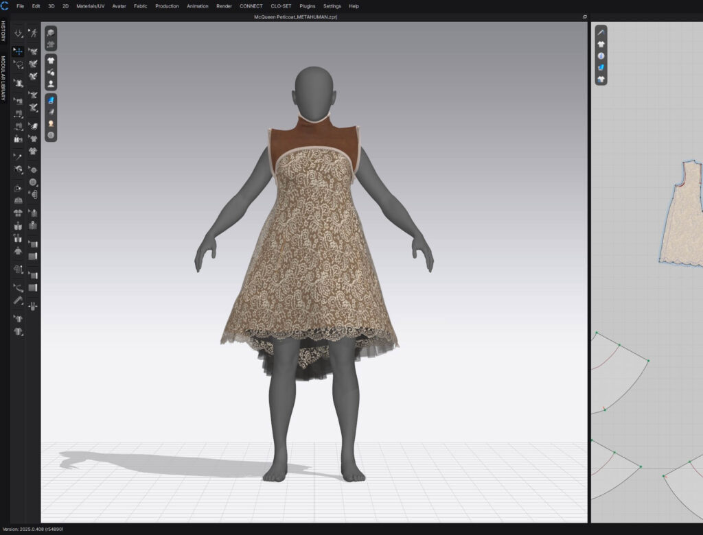 CLO3D workspace showing the reconstructed Alexander McQueen dress fitted onto a MetaHuman avatar as part of testing the garment for export into Unreal Engine.