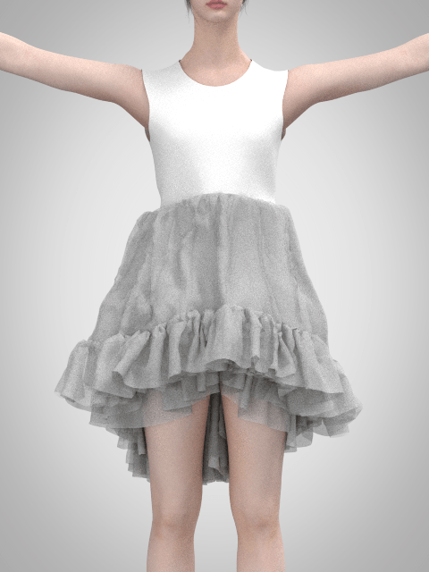 Front close-up of the digital underskirt in CLO3D, highlighting the gathered tulle layers and ruffled hem shaping.
