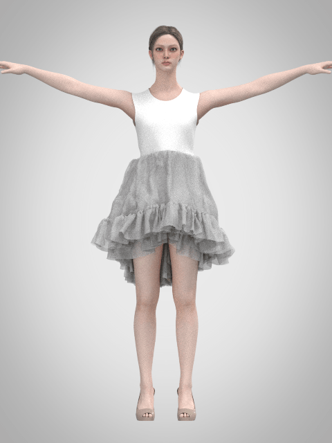 Front view of the Alexander McQueen underskirt recreated in CLO3D, showing the volume, tiered tulle layers and asymmetric hemline.