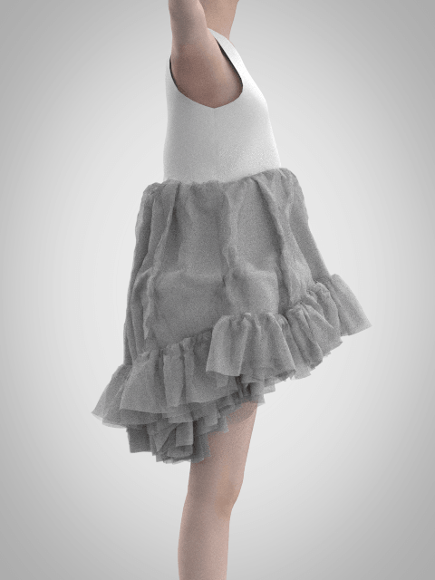 Side view of the CLO3D underskirt development, showing the depth, layering and silhouette of the tulle petticoat.