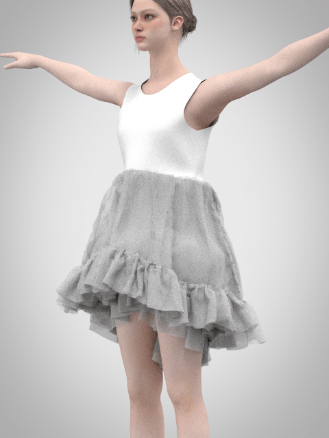 Digital CLO3D development view of the Alexander McQueen underskirt, showing the layered tulle structure and gathered lower ruffle in progress.