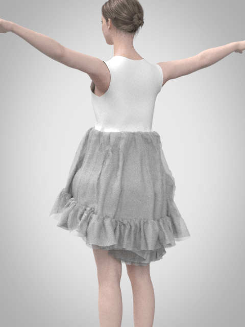 Back view of the CLO3D underskirt development, showing the volume and layered tulle construction of the digital petticoat.