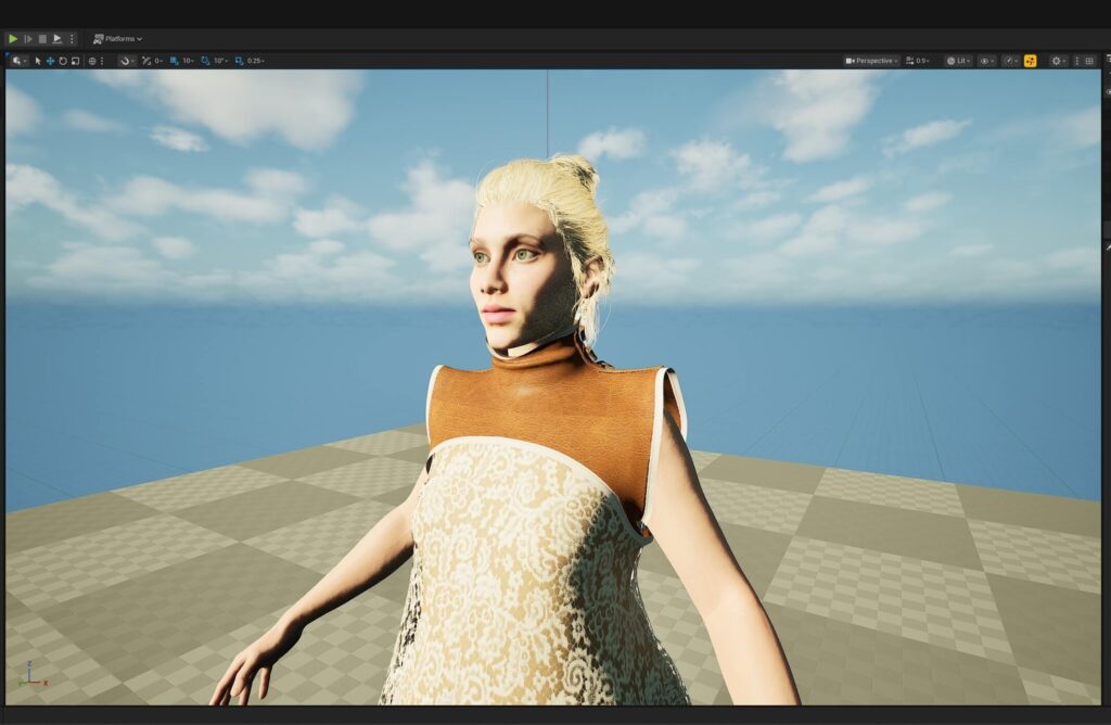 Unreal Engine view of the digital Alexander McQueen dress on a MetaHuman avatar, showing the garment after export from CLO3D.